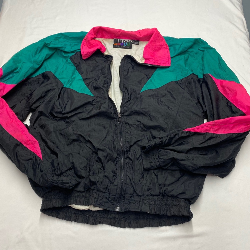 Vintage Voit Equipment Windbreaker Jacket Black Pink Teal 90s Colorblock Large